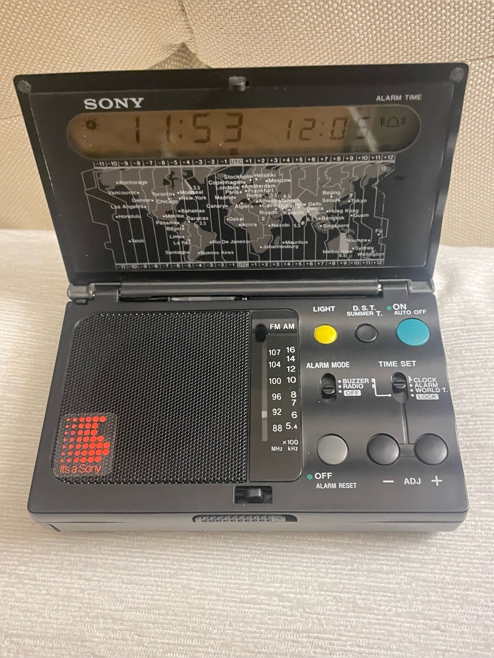 Rare Sony Black Travel FM/AM Clock Radio with World Time Map